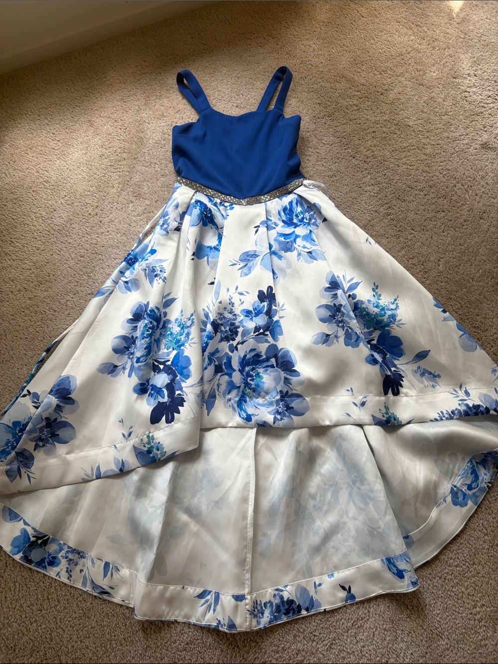 Xtraordinary Blue and White Floral High-Low Dress